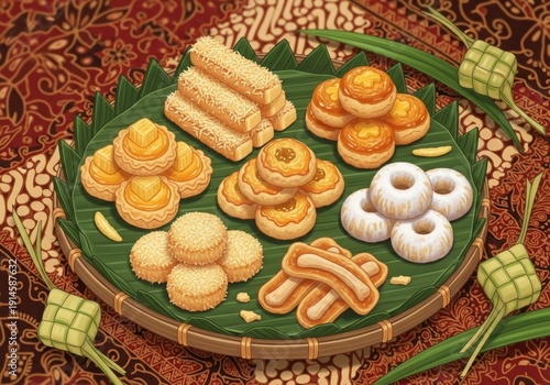 Illustration of traditional Eid cookies such as festive pastries commonly served during Lebaran, symbolizing hospitality and togetherness.