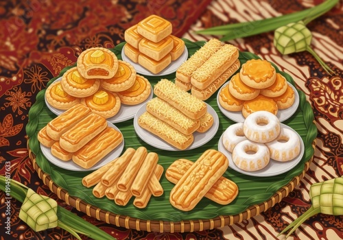 Illustration of traditional Eid cookies such as festive pastries commonly served during Lebaran, symbolizing hospitality and togetherness.