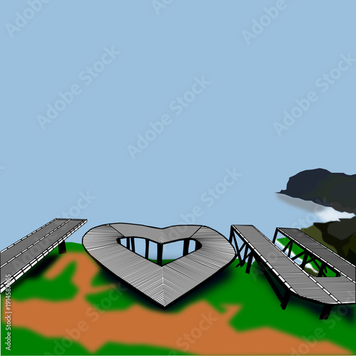 Heart shaped wooden platform on a cliff overlooking the sea