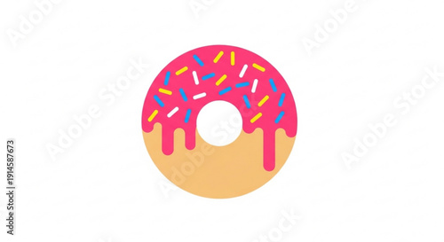 Colorful donut with pink frosting and sprinkles on white background