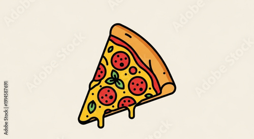 Melted cheese drips from a slice of pepperoni pizza on a plain background