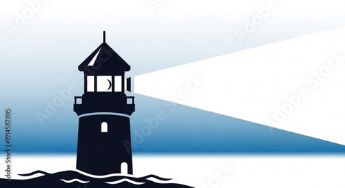 Lighthouse standing tall on rocky shore with beam shining brightly out to sea