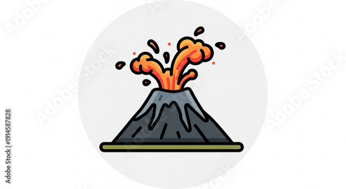 Erupting volcano with orange lava and ash explosion on gray background