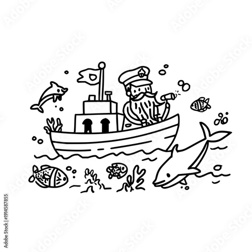 Sailor on boat with dolphin fish sea life ocean underwater illustration