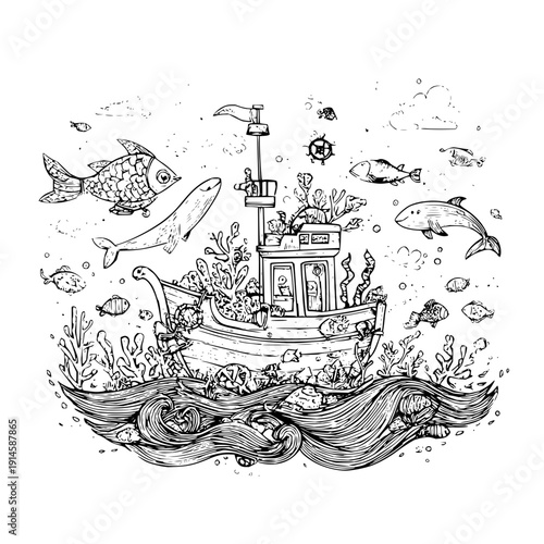 Underwater boat with fish seaweed black and white illustration ocean sea aquatic