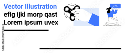 Stress relief, focus improvement, coding, productivity, creativity, modern trends in tech. Hand spinning a fidget spinner and a programmer reviewing code. Focus improvement and coding