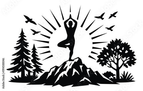 Silhouette illustration of a yogi depicting a tree pose on a mountain with sunrays for peace and well-being
