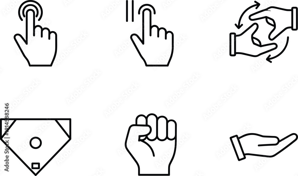 Fototapeta premium Touch gesture teamwork support and baseball field line icon set outline vector collection