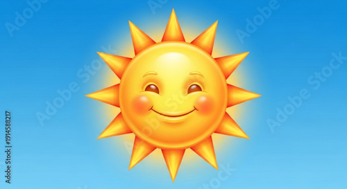 Smiling sun with rosy cheeks and a warm glow on a blue background