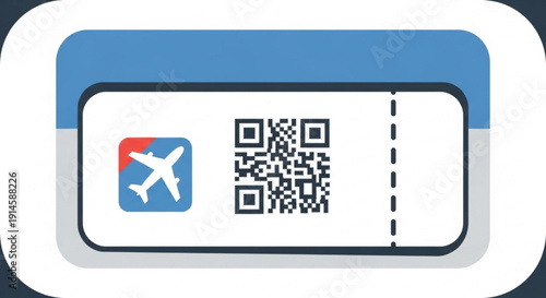 Airplane ticket with qr code and plane symbol on white background