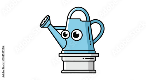 Cute blue watering can with eyes on a garden spout