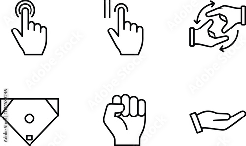 Touch gesture teamwork support and baseball field line icon set outline vector collection