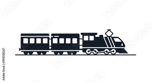 Black train with two cars on tracks side view graphic design element