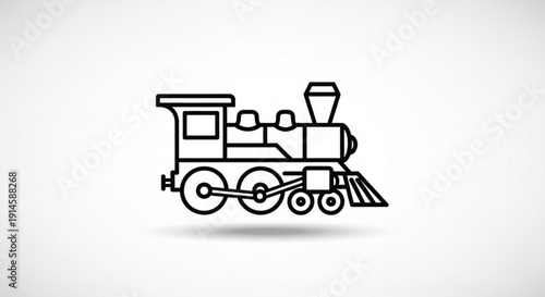Vintage steam locomotive engine in motion side view black outline on white background