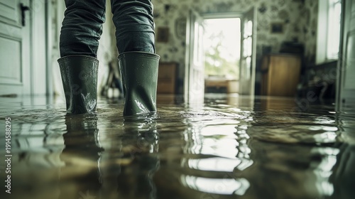 Person in rubber boots standing in flooded house interior, symbolizing natural disaster, home flooding, emergency situation, water damage, insurance, climate change impact, aftermath of heavy rainfall