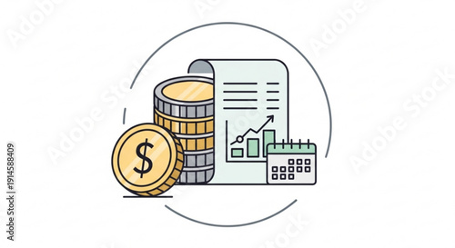 Financial planning with coins calendar and document on a white background
