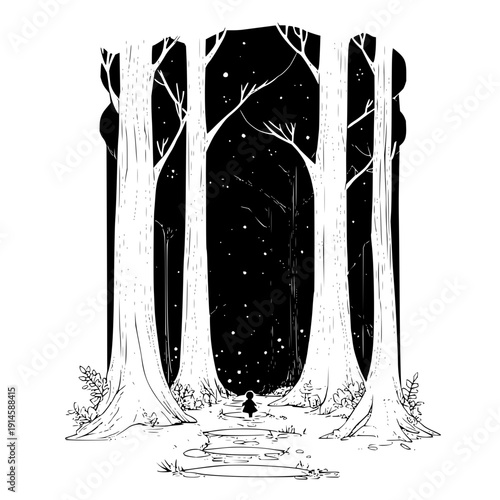 Person walking on path through trees at night forest black white illustration