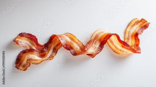 A single perfectly cooked wavy strip of crispy bacon rendered on a light surface