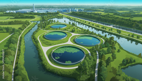 Aerial view of a wastewater treatment plant with four circular ponds surrounded by lush greenery and a winding river