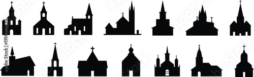 Set of Christian Church Silhouettes with Towers, Crosses and Domes in Various Architectural Styles Isolated on White