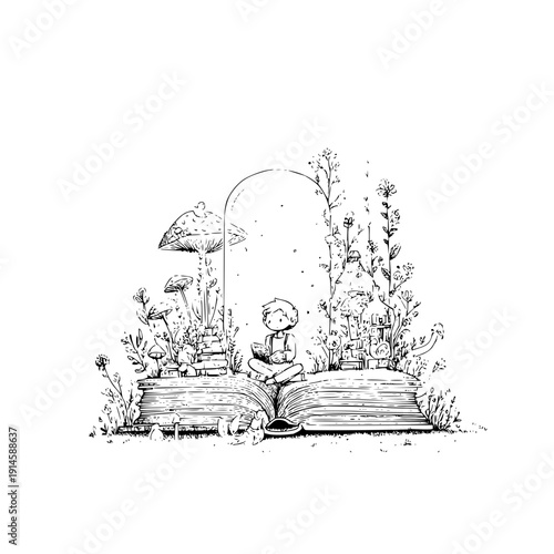 Mushroom garden on open book illustration fungi plants flowers black and white