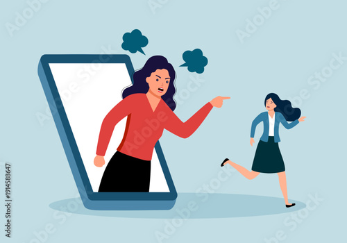 Angry boss shouting from mobile phone in flat design. Furious customer on mobile app.