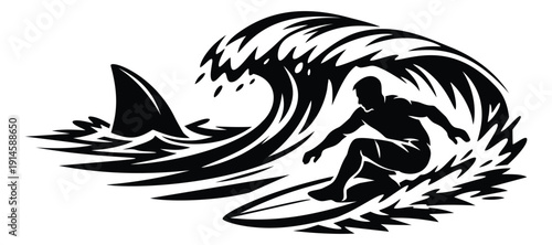 Silhouette illustration of a surfer depicting riding a wave with a shark fin for water sports and danger themes