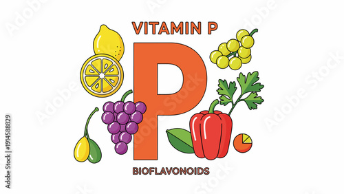 Vitamin P Bioflavonoids illustration with various fruit and vegetable sources like lemon, grapes, and bell pepper. Healthy lifestyle and nutrition concept.