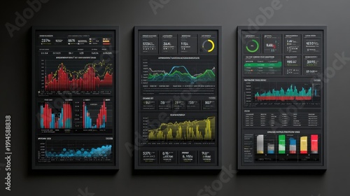 Detailed infographic display showcasing data analytics, graphs, charts, and statistics in a modern black and green color palette for business insights