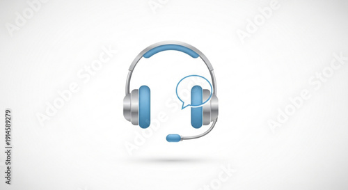 Blue and silver headset with microphone and speech bubble icon for customer support