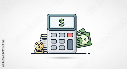 Calculator with money and coins for finance and accounting purposes