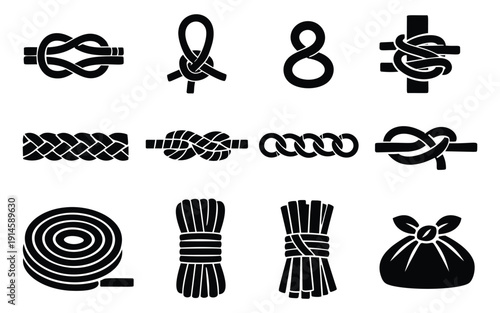 Simple black silhouette knot and rope icons set featuring various nautical and decorative knots, braided ropes, and tied bundles for graphic design