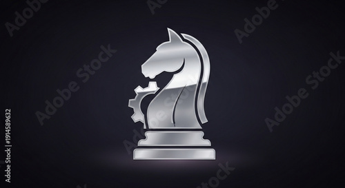 Silver chess knight piece on black background with gear inside