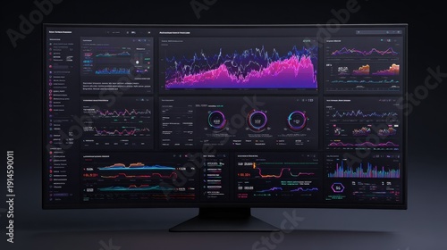 Advanced data analytics dashboard with colorful graphs and charts on ultra-wide monitor displaying economic trends and performance metrics in dark theme.