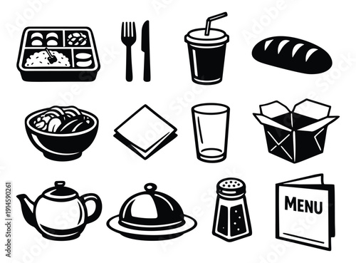 Hand drawn line art food and dining icon set featuring takeaway meals, cutlery, beverages, and other restaurant essentials for dining and delivery applications