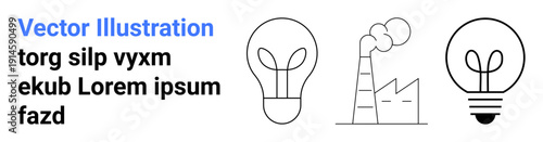 Green energy, industrial innovation, sustainability, ecology, renewable resources, environmental awareness. Outline light bulbs and factory smoke stack. Green energy and sustainability