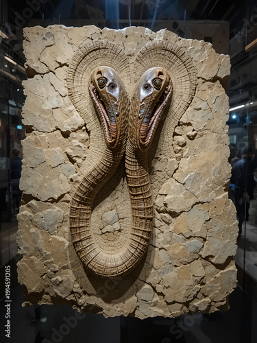 Ancient fossil specimen of a two-headed serpent dramatically presented under exhibition lighting.
