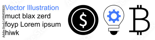 Cryptocurrency, innovation, blockchain, digital currency, financial technology, economic concepts. Features a dollar coin, gear lightbulb and Bitcoin symbol. Cryptocurrency and innovation focus