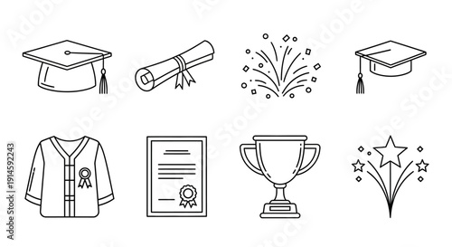 Graduation and Education Line Icons Set with Diploma, Mortarboard, Books, 2024 Tassel, and Confetti, isolated white background