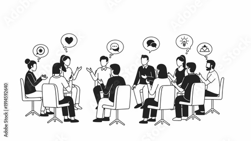 Group of people sitting in a circle having a discussion illustration.