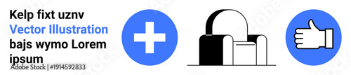 Medicine, approval, healthcare, accessibility, support, positivity. Blue medical cross, thumbs-up icon and modern chair on white background. Medicine and approval concepts illustrated together