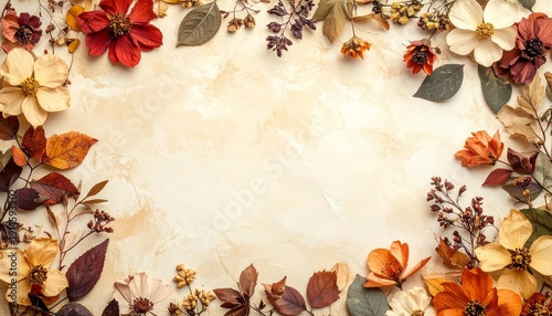 Pressed flower frame background with dried botanical elements on warm paper texture. Suitable for vintage branding, stationery, invitations, posters, and artistic nature-themed designs.