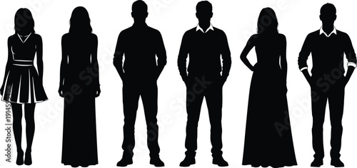 Group of men and women standing silhouettes in casual and formal outfits isolated on white background, people collection illustration