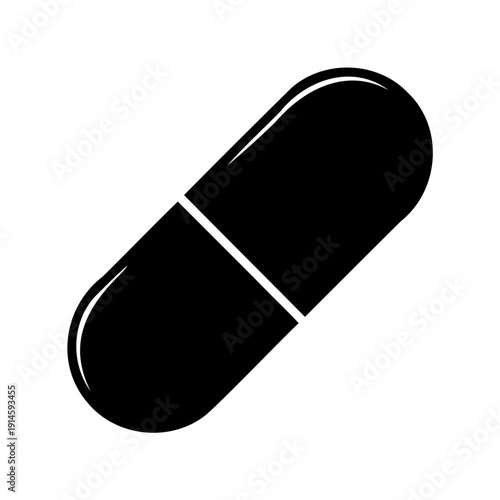 Minimalist black silhouette icon of a pharmaceutical capsule or pill, representing medicine and health Vector, illustration