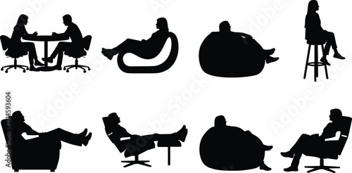 People relaxing on chairs and bean bags silhouettes isolated on white background, leisure lifestyle and office seating concept illustration