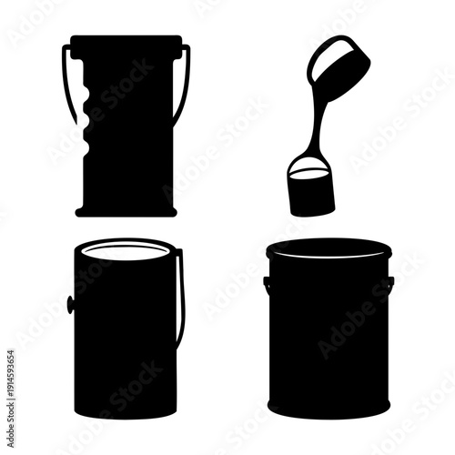 Various black silhouettes of paint cans and utility buckets showing different styles and uses