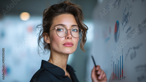An analytical business woman presenting financial data with focused eyes