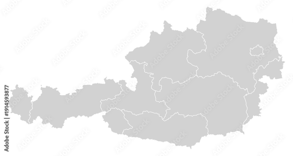 Fototapeta premium Grey with White Outline Austria Map with District Borders Europe Country