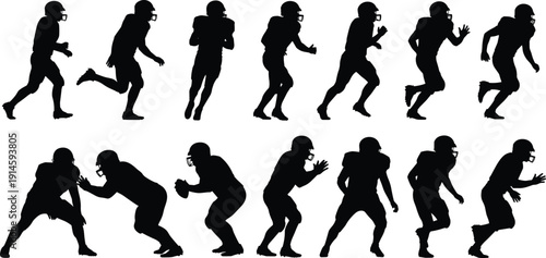 Set of American football player silhouettes in dynamic action poses isolated on white background, sports team activity concept professional sport illustration design
