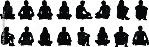 Set of children silhouettes sitting cross legged in different poses isolated on white background, school and childhood concept illustration